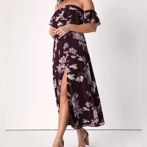 NWOT Lulus plum purple floral off the shoulder dress with slit, size small